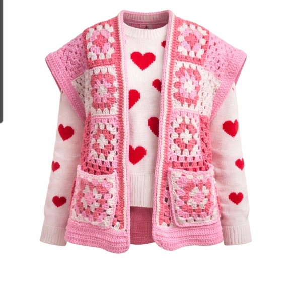 Handmade Crochet Open Cardigan Granny Square Pink Grannycore Valentine's Boho - Picture 4 of 17